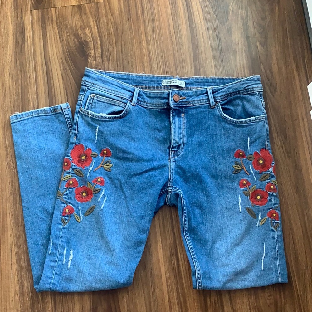 Zara Blue Skinny Jeans with Red Floral Embroidery